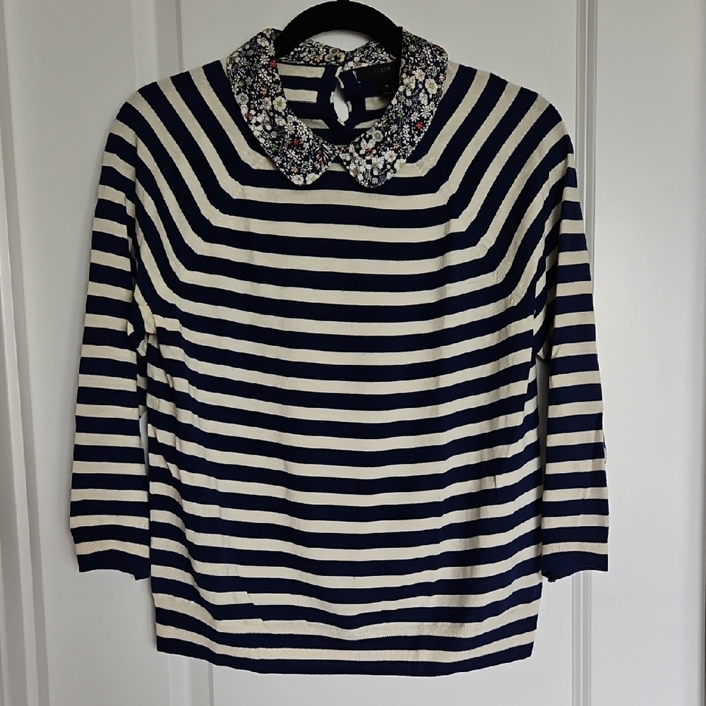 J. Crew X Liberty Of London Stripe 3/4 Sleeve Peter Pan Collar Sweater